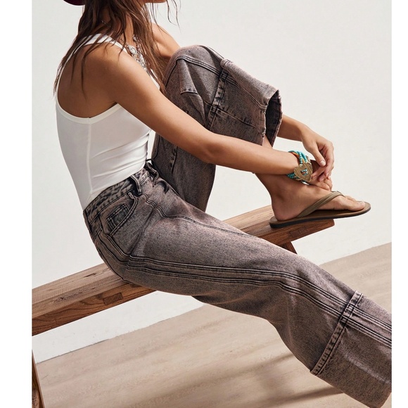 Western Mineral Wash Cuff hem Straight Leg Denim Jeans Pants - Picture 5 of 7